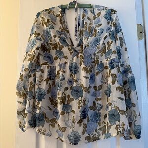 Floral V-Neck Sheer Blouse - Blue and Green